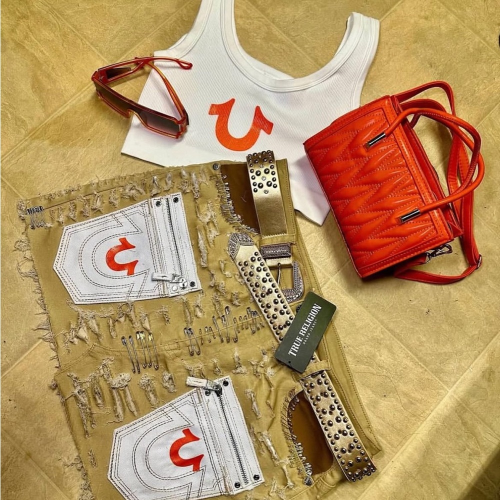 True Religion White and Tan Set with Red Accents